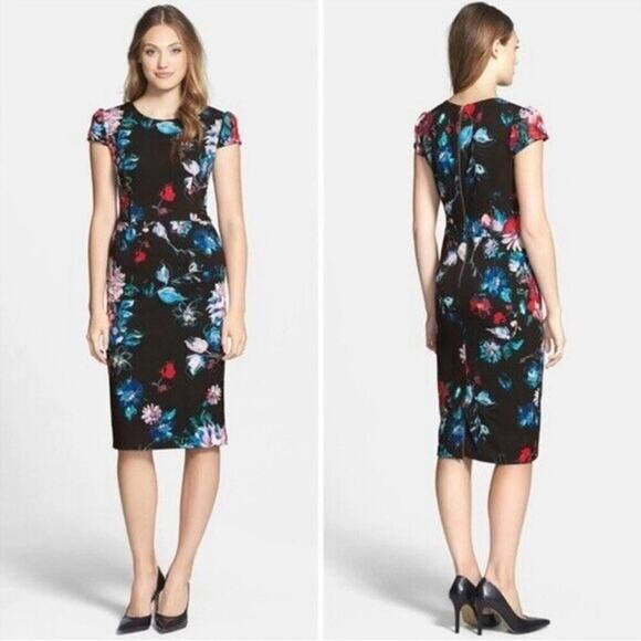 BETSEY JOHNSON | Floral Print Knit Stretch Midi Cap Sleeve Sheath Dress Sz. 6 - Picture 1 of 5
